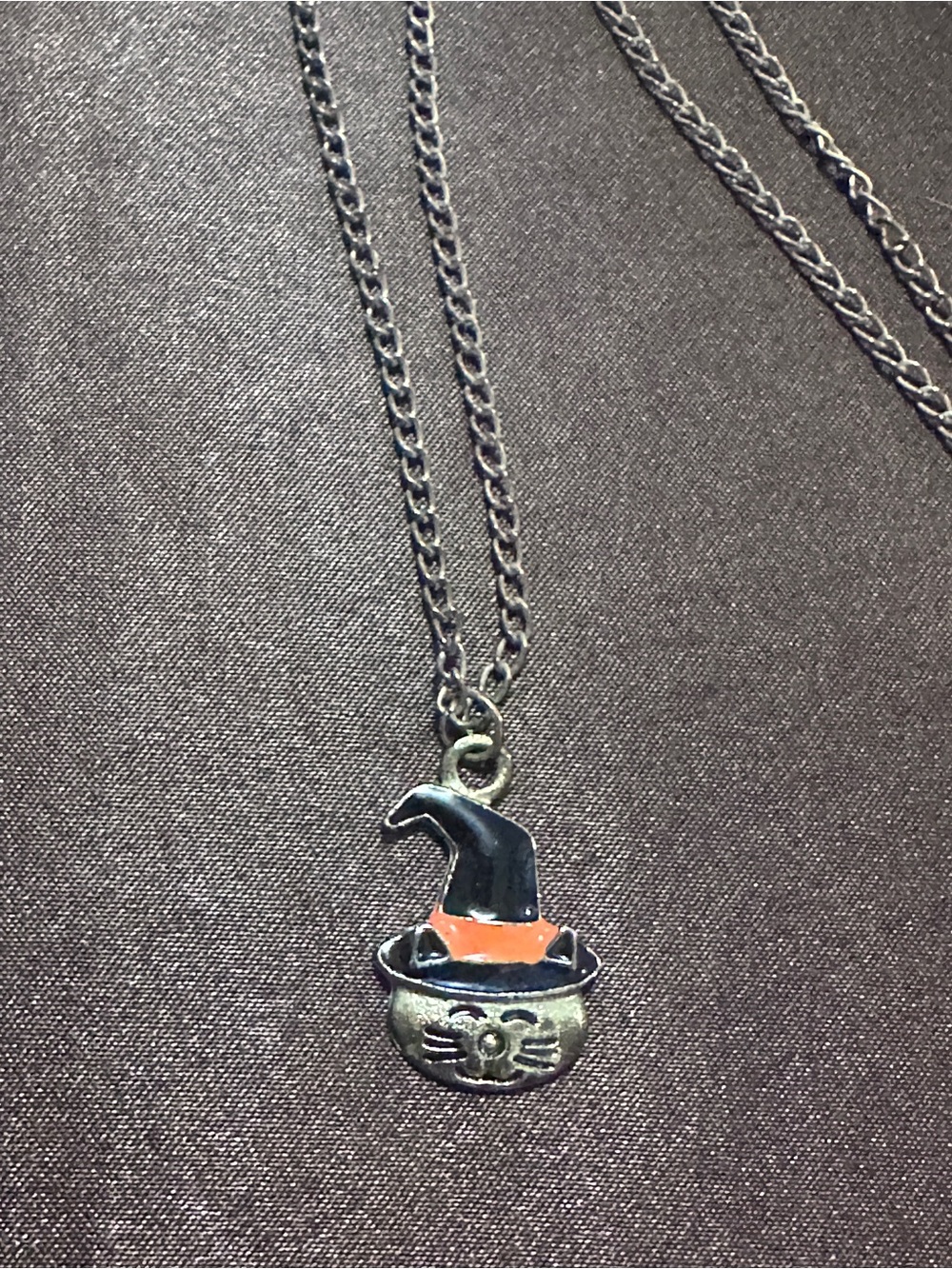 Silver Cat Witch Hat Pendant Necklace in Black and Orange